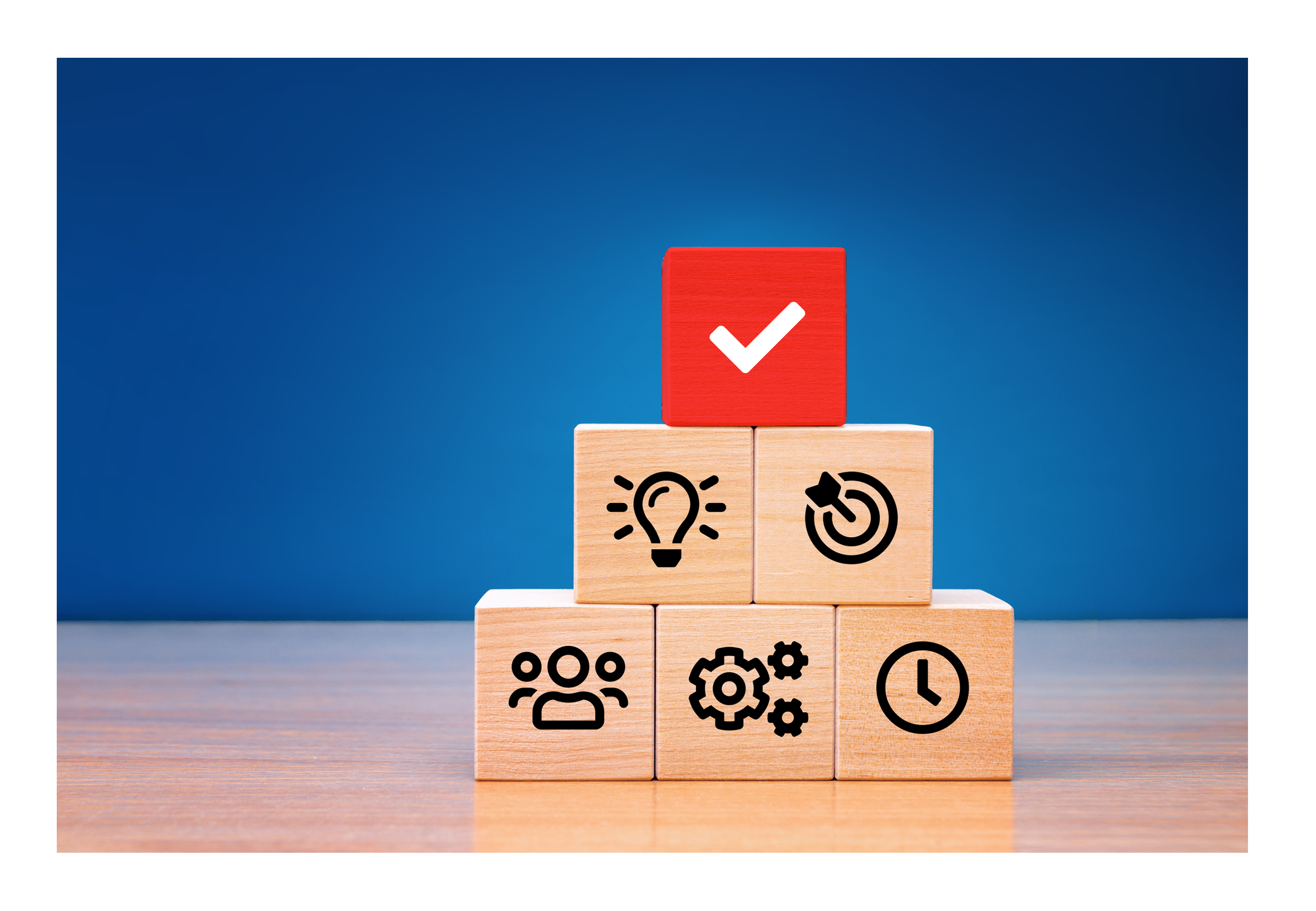Stacked blocks showing product launch icons with top check mark box